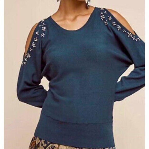✅ Host Pick ✅ Anthropologie Knitted & Knotted Bejeweled Sweater Teal Size SP - Picture 2 of 7